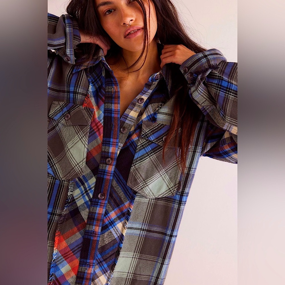 Free People We The Free Patched Up Plaid Shirt Button Down NWT Flannel